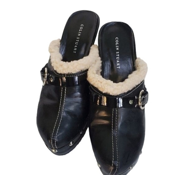Colin Stuart Mule Clog Black Leather Faux Fur Buckle Studs Size 8 - Picture 3 of 9